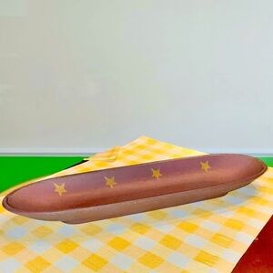 16” Primitive wood tray - faded brick red with pale gold stars